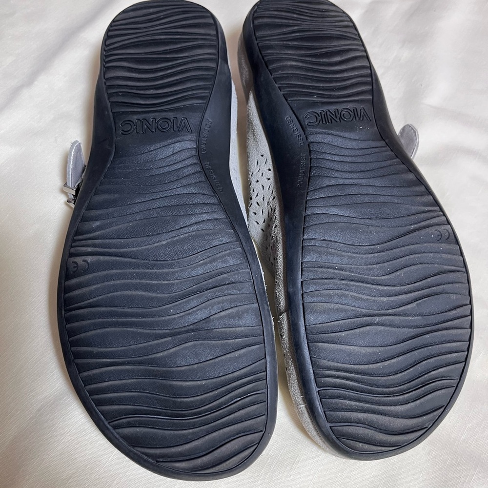 Vionic Gray Suede Perforated Mary Jane Clog Mules - Picture 3 of 7
